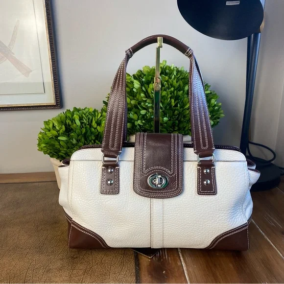 2009 Coach Hampton White Chocolate Brown Turnlock Satchel Shoulder Bag - Picture 16 of 17